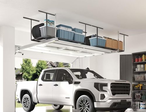 FLEXIMOUNTS Overhead Garage Storage Rack - Adjustable Ceiling Shelf, 450lbs Capacity | 72" x 36" x 40", Black
