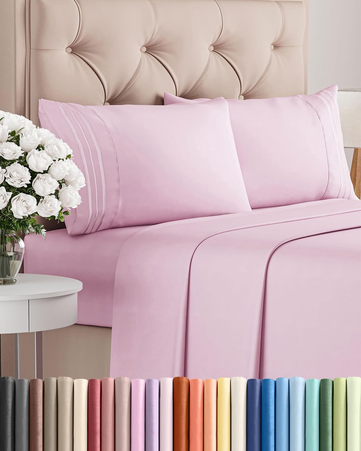Queen Size 4-Piece Sheet Set | Skiennix Comfy Cooling Bed Sheets - Soft, Wrinkle-Free Luxury - Light Pink