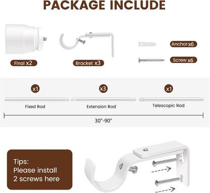 Skiennix Heavy-Duty Adjustable Curtain Rod - 30 to 90 Inch, Matte White, Fits 30-84 Inch Windows