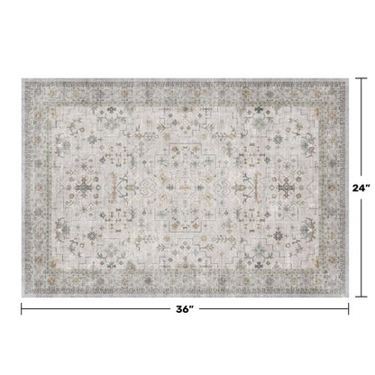 Washable 2x3 Throw Rugs for Entryway, Front Door Mat, Low Pile Non-Slip Small Area Rugs for Kitchen, Bathroom, Powder Room, Mudroom, Neutral Light Grey with Floral Accent
