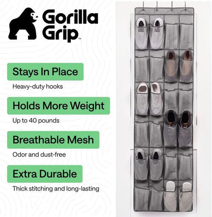 GORILLA GRIP Over The Door Shoe Organizer - 24 Large Breathable Mesh Pockets | Space-Saving Storage in Grey