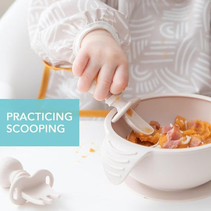 Bumkins Baby Utensils Set - Chewtensils Silicone Spoons & Fork for Self-Feeding | Soft Practice Tools for 6 Months+ - Sand Beige