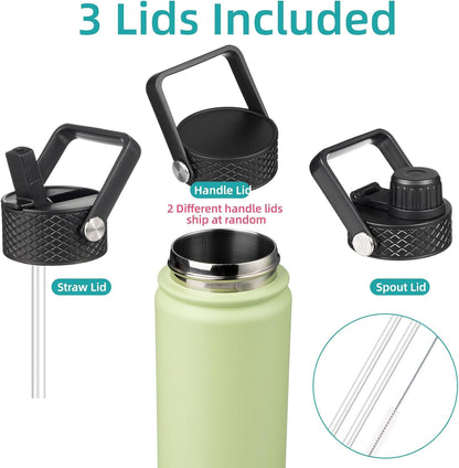 Skiennix 18 oz Insulated Stainless Steel Water Bottle - Sport Design with 3 Lids | Macaron Green