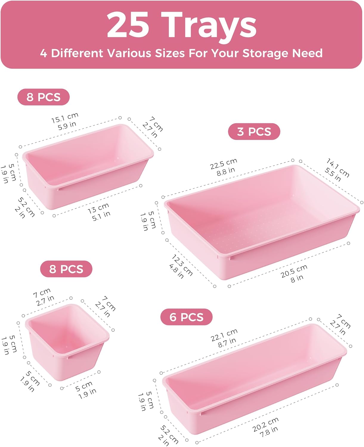 BiuLeon 25 PCS Plastic Drawer Organizers Set - Versatile Vanity & Makeup Storage | 4 Sizes in Pink