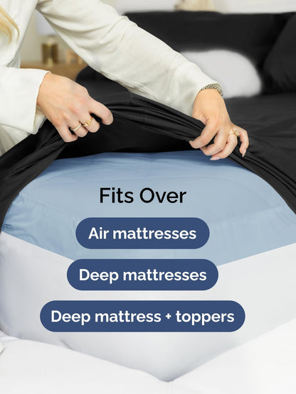 Skiennix Extra Deep Queen Sheet Set - 6 Piece Breathable Cooling Bedding - Soft, Wrinkle-Free Black Sheets