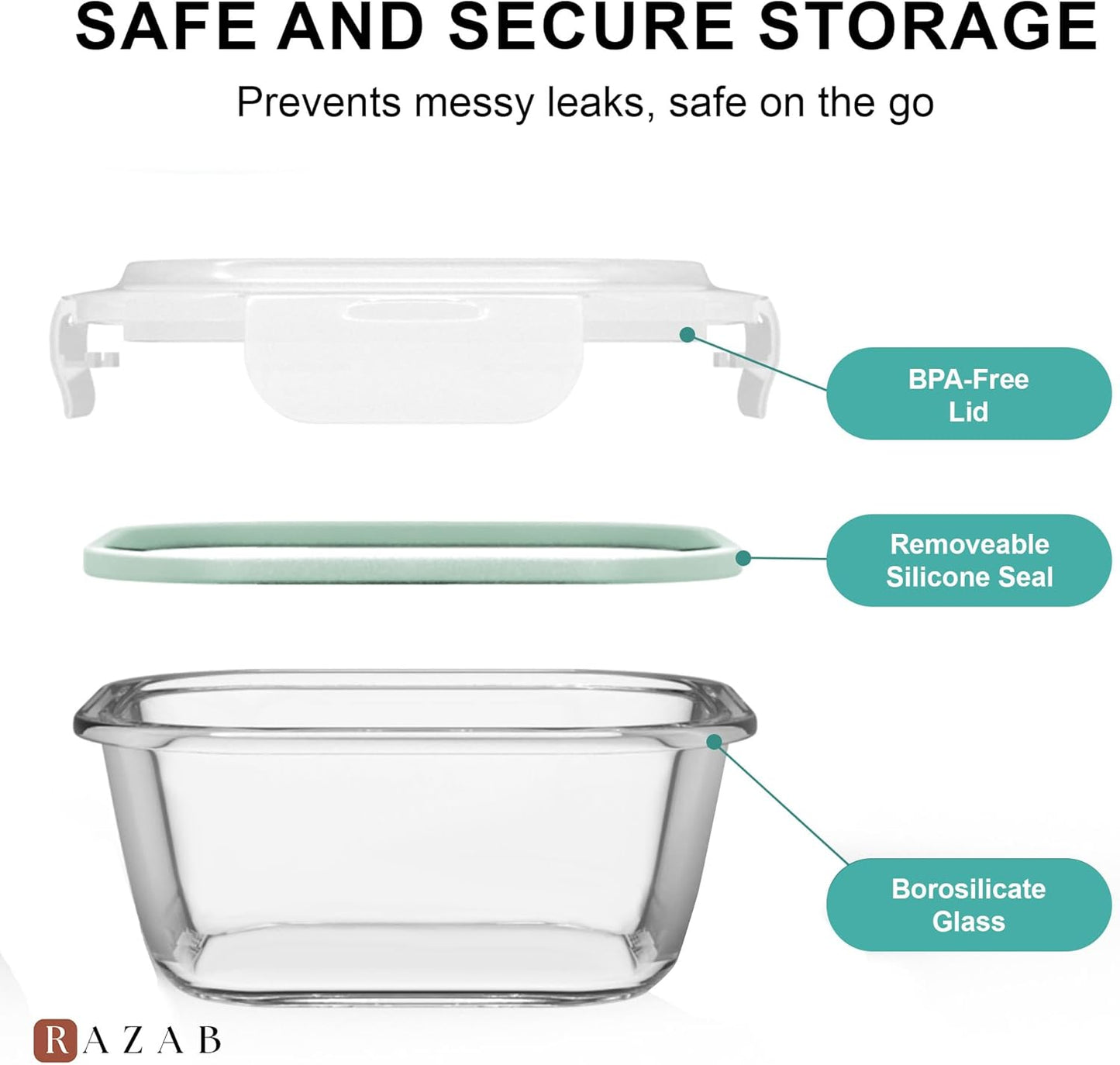 Razab Glass Food Storage Containers Set - 6 PC Airtight Lids, 74/40/18 oz | Reusable Meal Prep, Oven & Dishwasher Safe