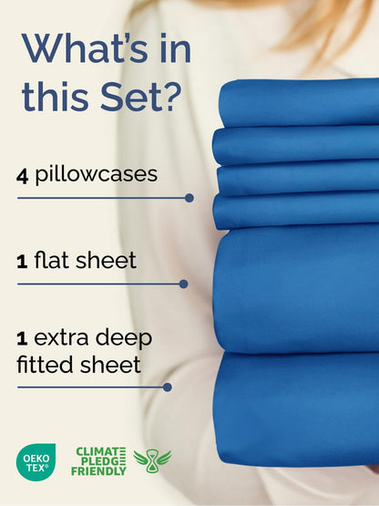 Skiennix Extra Deep Queen Sheet Set - 6 Piece Cooling & Breathable Bedding - Soft, Wrinkle-Free Royal Blue