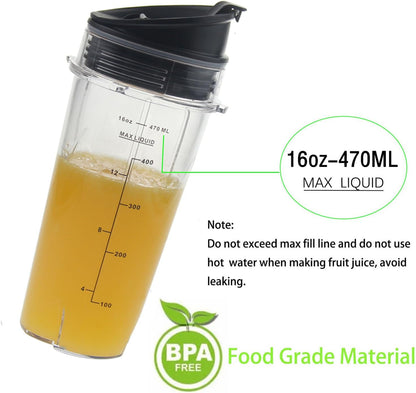 Ninja 16oz Replacement Cups - Compact Personal Blender Single Serve Cup Set | 2 Pack with Seal Lids