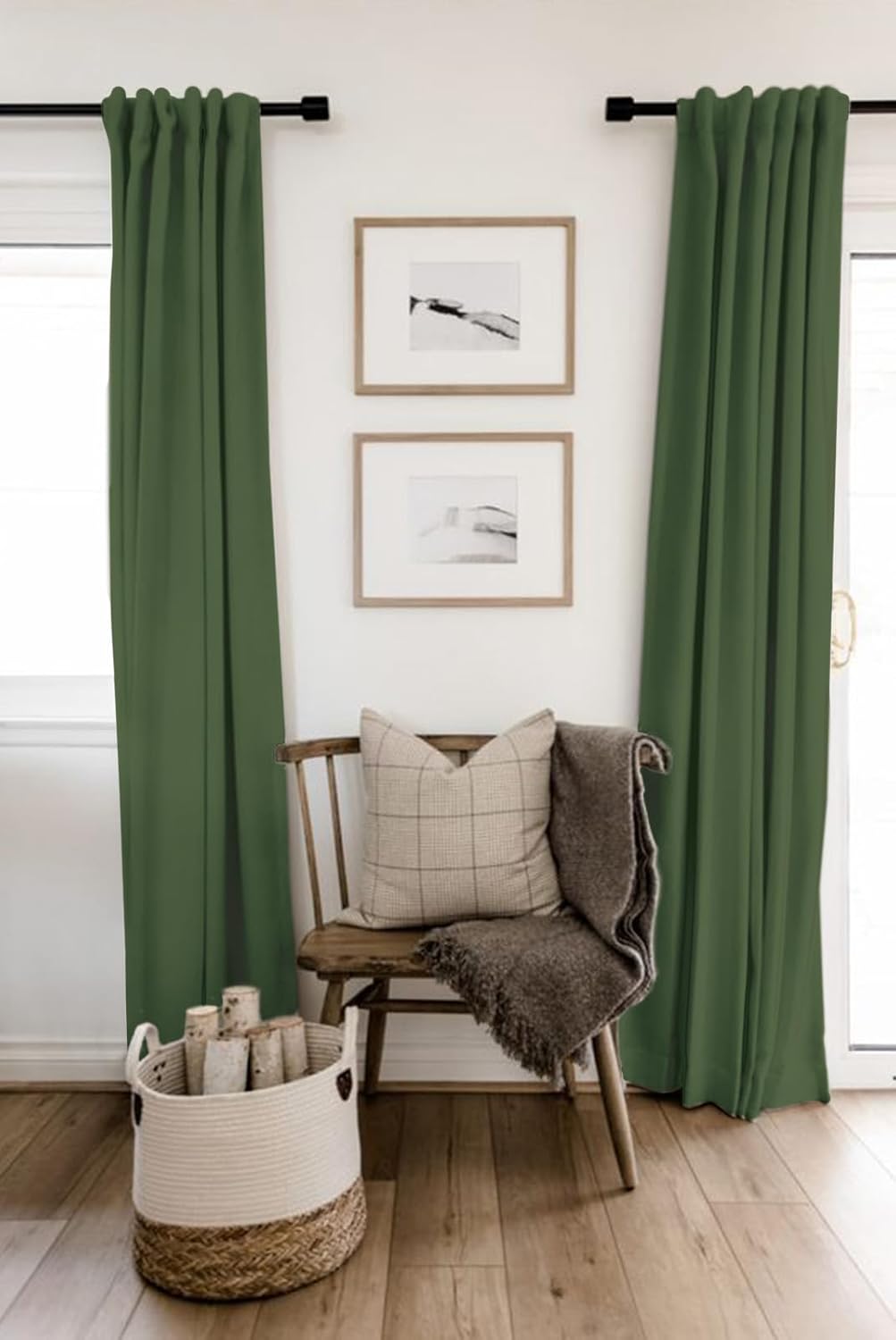 Skiennix 100% Blackout Linen Curtains - Thermal Insulated Drapes, 50" W x 102" L, Moss Green | 2 Panels Set