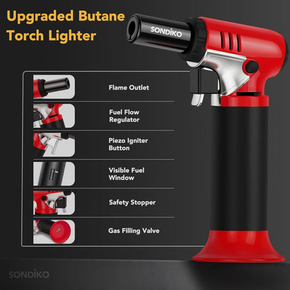 Sondiko Butane Torch Lighter - Refillable Soldering Torch with Adjustable Flame & Visible Fuel Window