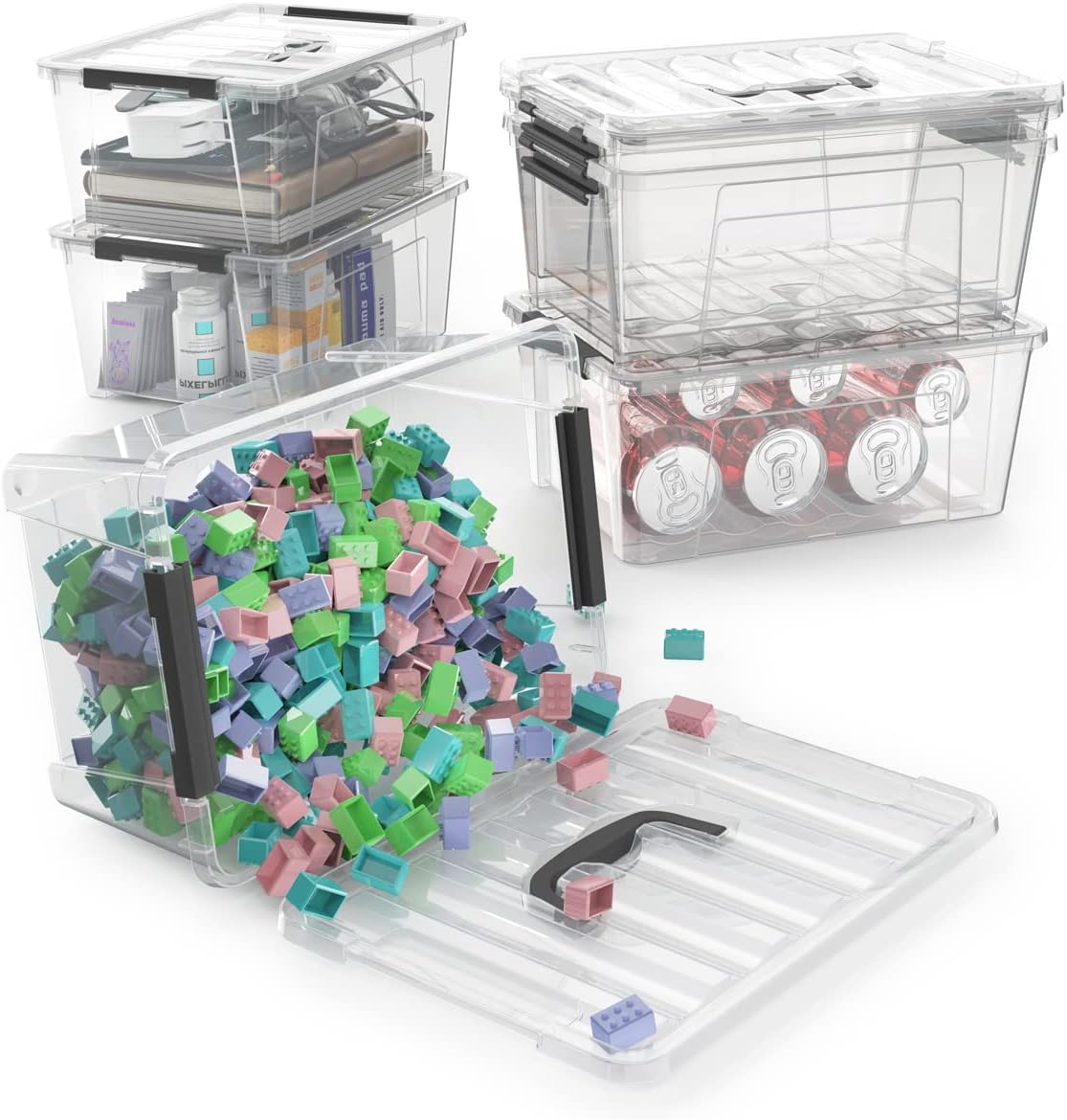 WYT Clear Storage Latch Bins - 6-Pack Organizer Box with Handles and Lids | 5-Litre Capacity