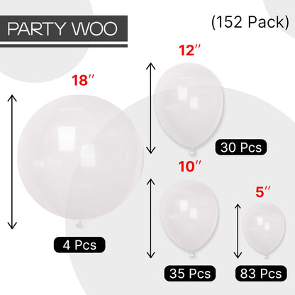 PartyWoo Clear Balloons - 152-Piece Transparent Balloon Arch Kit for Weddings & Celebrations | 5-18 Inch Sizes