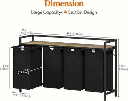 Lifewit Laundry Hamper - 4-Section 168L Clothes Organizer with Removable Bags & Large Top Shelf - Black