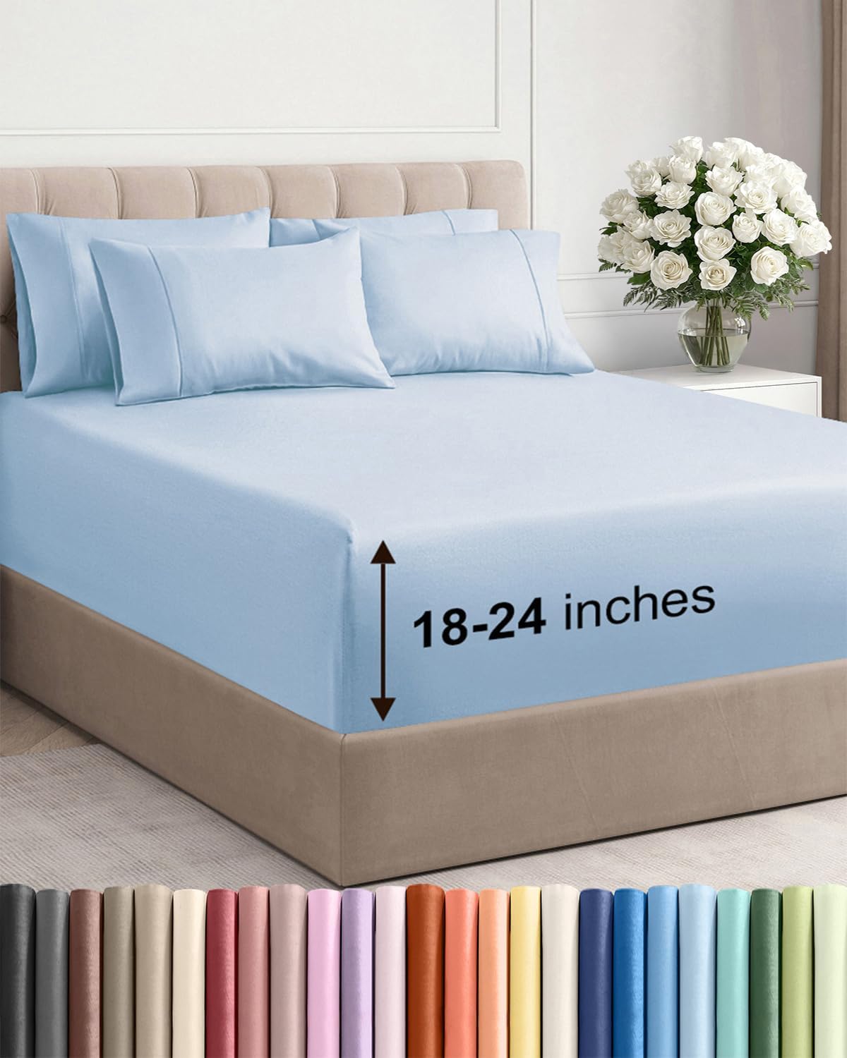 Skiennix Extra Deep Queen Sheet Set | 6-Piece Breathable Cooling Bedding - Soft, Wrinkle-Free Sky Blue
