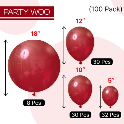 PartyWoo Burgundy Balloons - 100 Pcs in Various Sizes for Stunning Balloon Arch Decor | Dark Chestnut Red