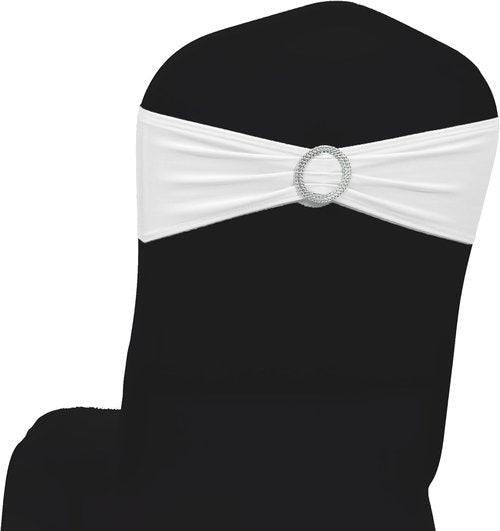 MDS Spandex Chair Sashes - Pack of 150 Universal Stretch Bands with Slider Bow for Wedding Decor - White