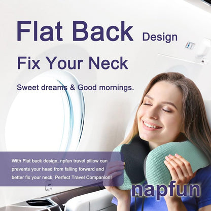napfun Neck Pillow for Travel with Travel Pouch, Sleep Mask & Earplugs, Memory Foam Airplane Pillow for Headrest Sleep with Eyeshades, Plane Essentials with Eye Blindfold, Turquoise Striped Kit
