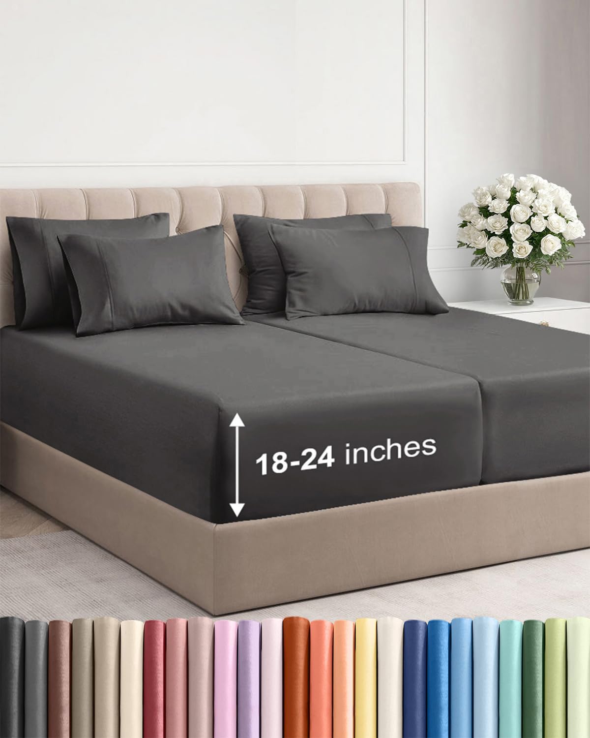 Skiennix Extra Deep Split King Sheet Set - 7 Piece Breathable Cooling Bedding - Soft, Wrinkle-Free Charcoal