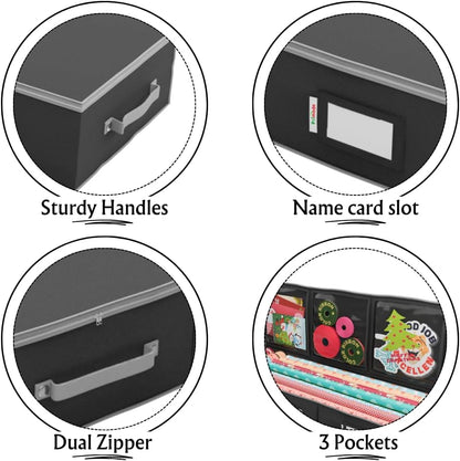 Primode Wrapping Paper Storage Container - Under Bed Gift Wrap Organizer | 41”x14”x6” | Holds 18-24 Rolls Up to 40” | Durable 600D Oxford Material | Pockets for Ribbons and Bows (Black)