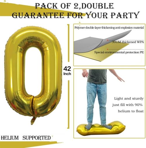GOER Gold Foil Number 0 Balloons - 42 Inch for Milestone Birthdays & Anniversaries