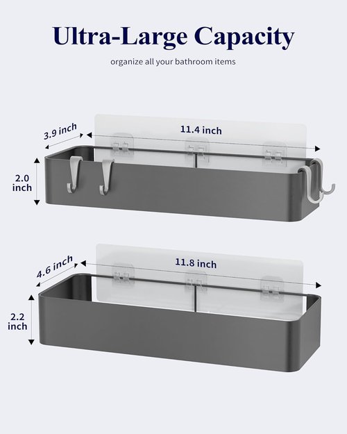 Kitsure Shower Caddy | 2-Pack Adhesive Organizer with Rustproof Metal Shelves - Large Grey Storage
