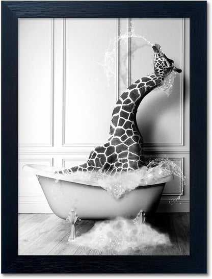 Funny Giraffe in Bathtub Canvas Wall Art - Black and White Bathroom Decor | Framed Farmhouse Style