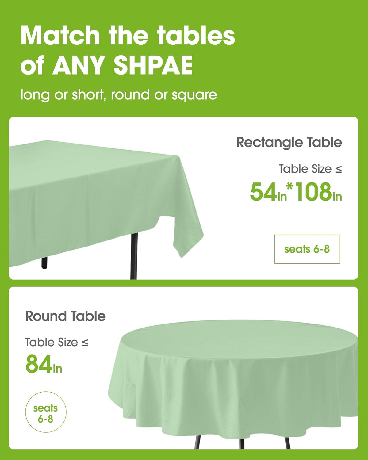Pureegg Disposable Plastic Table Cloths - 20 Pack, 54 x 108 Inch, Leakproof Sage Green for Easter Parties
