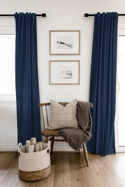Skiennix 100% Blackout Linen Curtains - Thermal Insulated Drapes, 50" W x 90" L, Midnight Blue - 2 Panels Set