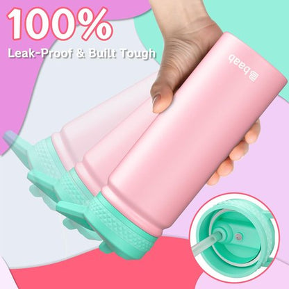 Baab Insulated Kids Water Bottle - 18oz Stainless Steel Straw Cup with Stickers | Pink & Purple, 2 Pack