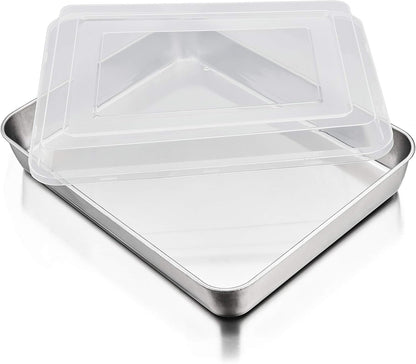 P&P CHEF Stainless Steel Baking Pan Set - Heavy-Duty Rectangular Bakeware with Lid | 12.3-Inch, 2-Piece