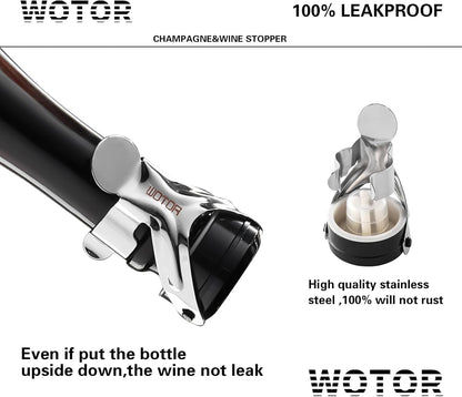 WOTOR Champagne&Wine Bottle Stoppers Stainless Steel with Food Grade Silicone, Leak Proof Keep Fresh Reusable Saver, Cork Suitable for Wine, Champagne, Cava, Prosecco and Sparkling (2 Pack Silver）