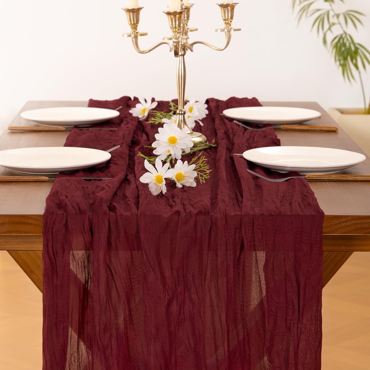 Socomi Burgundy Red Cheesecloth Table Runner - 120 Inch Boho Rustic Sheer Decor for Weddings & Parties