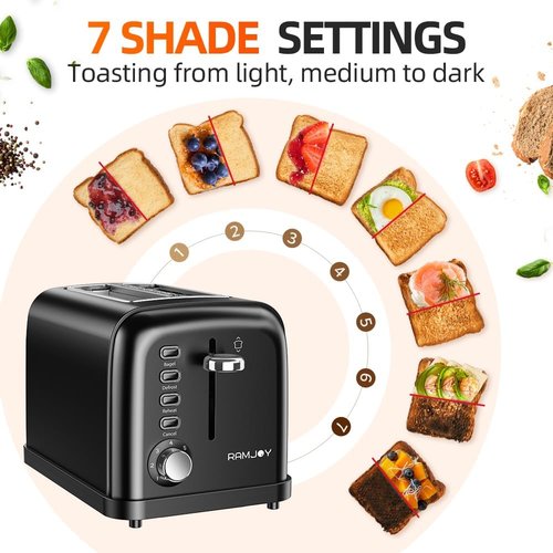 Black Stainless Steel Toaster - 2 Slice Extra Wide Slot for Bagels & Bread | 7 Shade Settings & Removable Crumb Tray