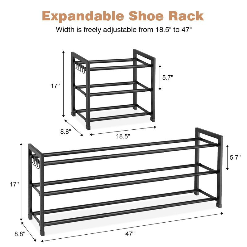 VGOBLO Expandable Shoe Rack - 18.5''- 47'' Adjustable Shoe Rack for Closet, 3 Tier Long Shoe Shelf Storage for 18 Pairs Shoe and Boot, Sturdy Metal Shoe Organizer for Entryway, Garage, Black
