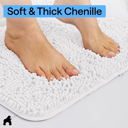GORILLA GRIP Bath Rug Mat - Thick Soft Absorbent Chenille | Quick Dry Microfiber, 30x20, White