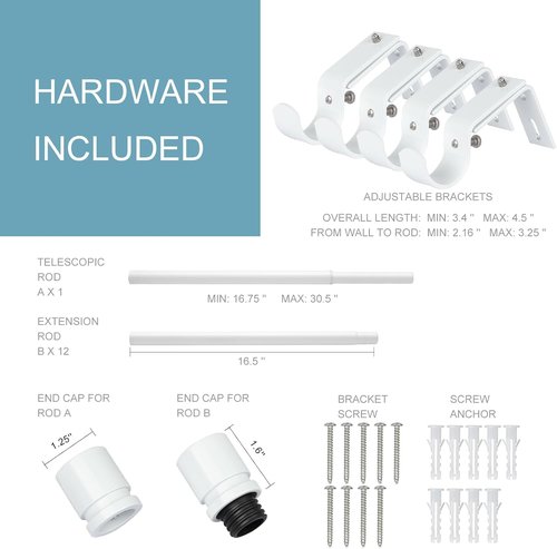 Byondeth Curtain Rods - Adjustable 16 to 200 Inches | 1 Inch Diameter with Aluminum End Caps - White