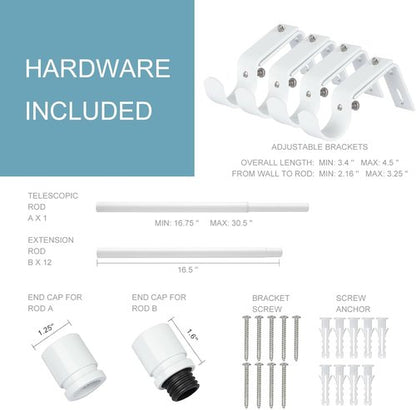 Byondeth Curtain Rods - Adjustable 16 to 200 Inches | 1 Inch Diameter with Aluminum End Caps - White