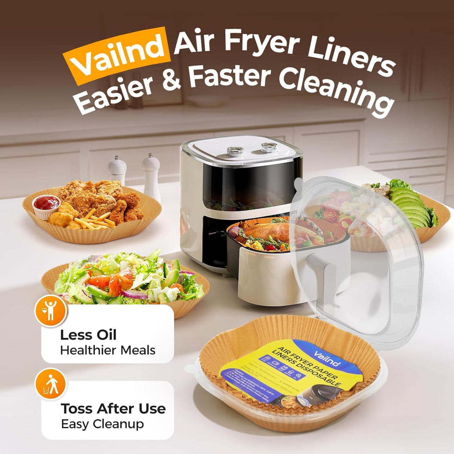Vailnd Air Fryer Liners - 150 Pcs Heavy-Duty Unbleached Parchment Paper Sheets | Non-Stick & Grease-Resistant