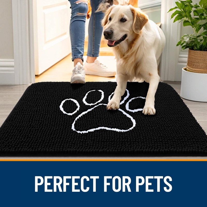OLANLY Dog Door Mat for Muddy Paws 47x24, Paw Print Design, Absorbs Moisture and Dirt, Absorbent Non-Slip Washable Doormat, Quick Dry Chenille Mud Mat for Dogs, Entry Indoor Entryway Carpet, Black