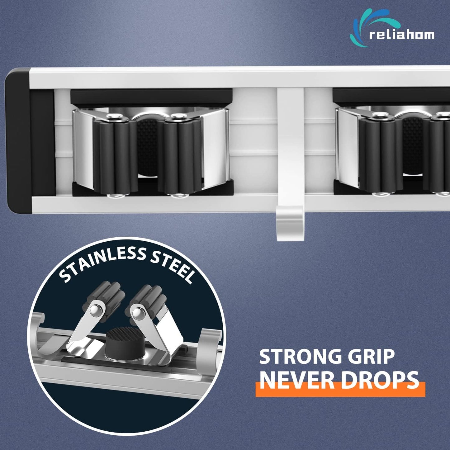 Reliahom Broom Holder Wall Mount - 2 Pack with 5 Racks & 4 Hooks | Black Tool Organizer for Garage, Kitchen, Garden, Laundry Room