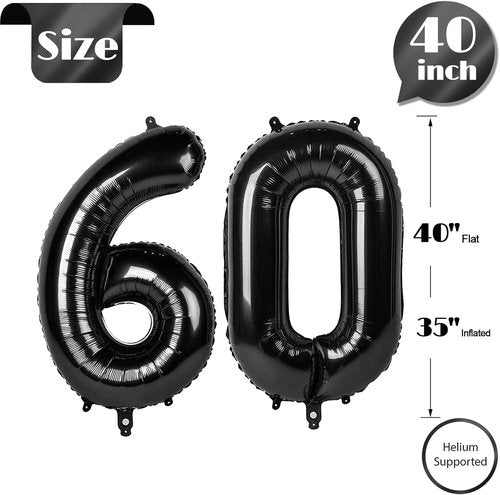 Black Number 60 Balloon - 40 Inch 60th Birthday Decoration for Men & Women | Party Supplies