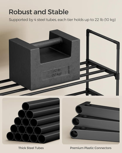 SONGMICS 3-Tier Shoe Rack - Stackable Metal Organizer for 20-24 Pairs | Black, 11.8 x 46.1 x 21.7 Inches