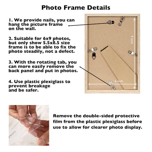 JCJMY 6x9 Picture Frame for Wall Hanging or Tabletop, Wall Mounting Horizontally or Vertically, 6 x 9 Wall Gallery Poster Photo Frame with Shatter Resistant Plexiglass, Natural