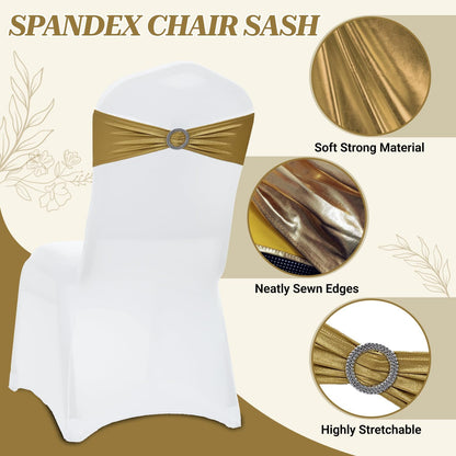 MDS Spandex Foil Chair Sashes - Universal Fit Elastic Stretch Bands with Buckle for Weddings | Metallic Gold, Pack of 125