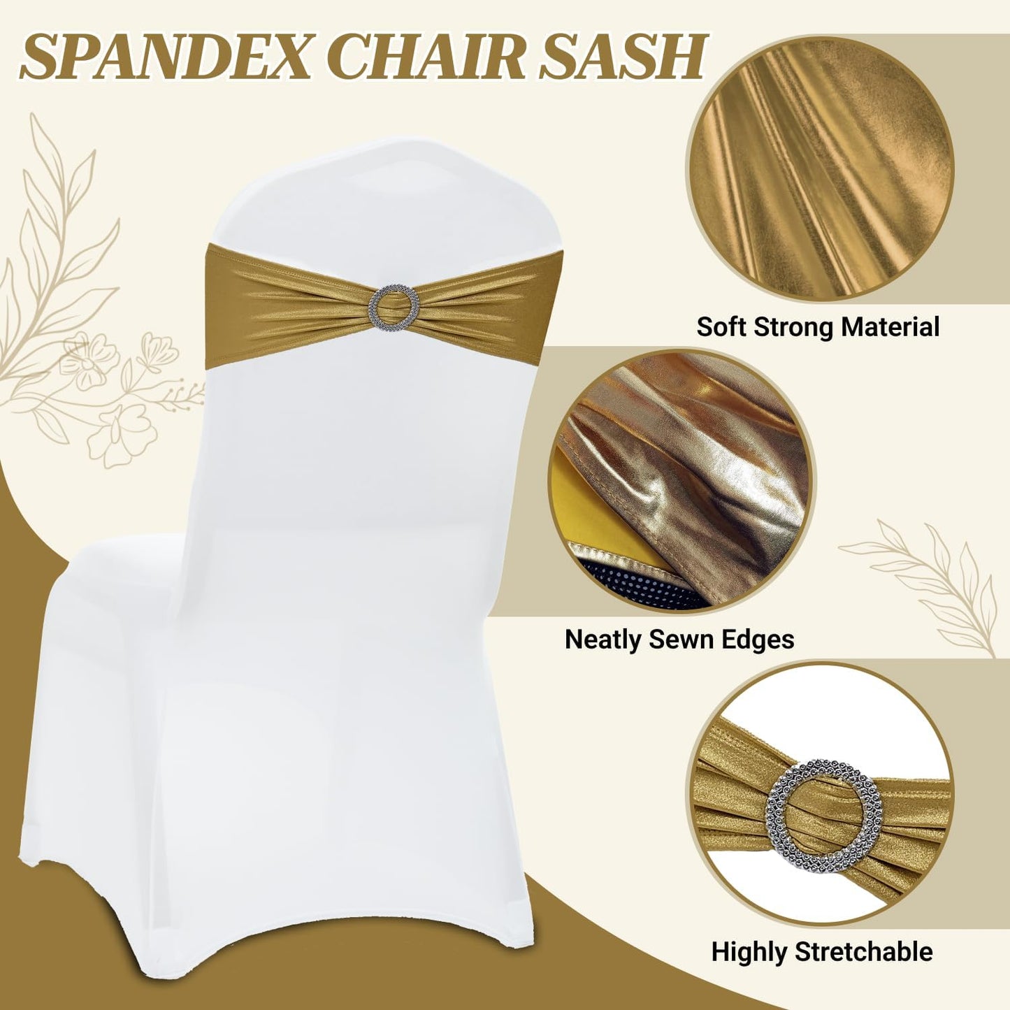 MDS Spandex Foil Chair Sashes - Universal Elastic Stretch Bands with Buckle for Weddings | Metallic Gold, Pack of 50
