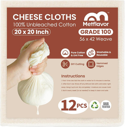 Skiennix 12Pcs Reusable Cheese Cloths - 20x20 Inch, 100% Unbleached Cotton for Straining & Baking
