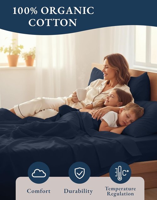 Lane Linen Organic Cotton Full Sheet Set - Eco-Friendly, Soft & Comfy, Fade Resistant, Navy