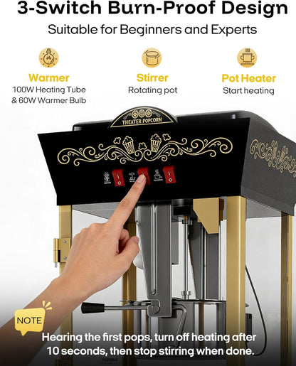 Skiennix Popcorn Machine - 12oz Retro Professional Maker with Warming Deck | 64-Cup Capacity for Home Theater & Parties - Black and Gold