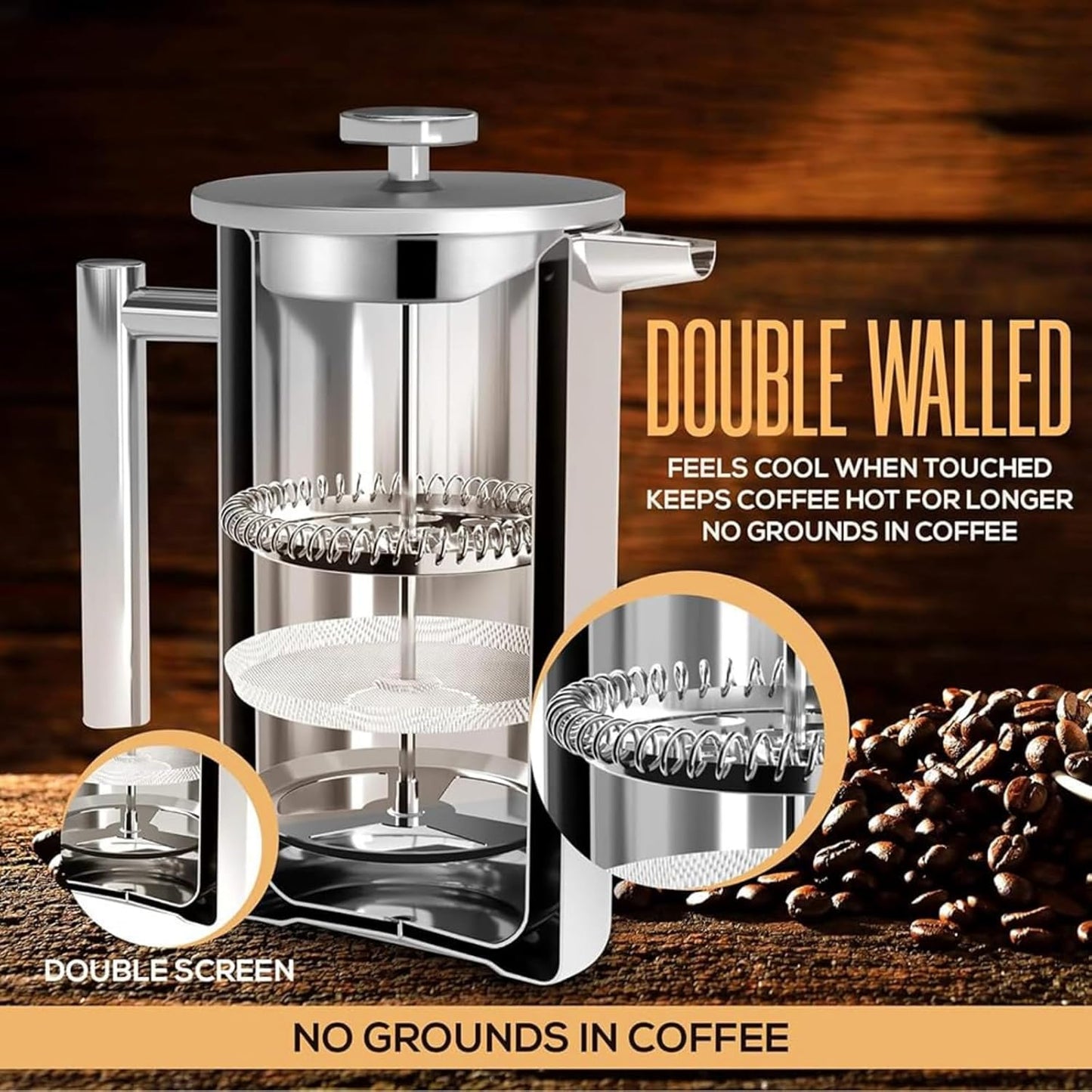 Skiennix French Press Coffee Maker - Stainless Steel Double Wall Insulated 34 oz | Portable Hot & Cold Brew Teapot for Kitchen & Camping