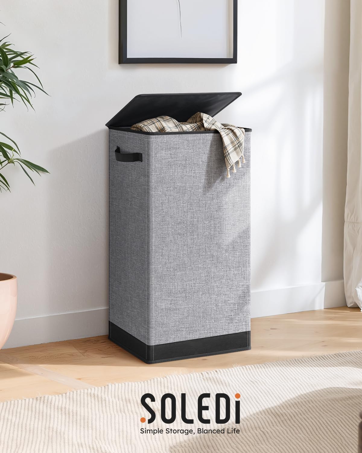 SOLEDI Laundry Hamper - 100L Large Collapsible Basket with Lid & Removable Bag - Grey
